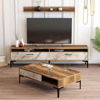 Istanbul Wooden Entertainment Unit and Coffee Table Set in Walnut and White Marble Effect