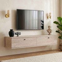 Ligne 140cm Wooden Wall Mounted TV Stand with 2 Doors in Travertine Marble Effect