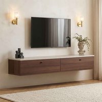 Ligne 160cm Wooden Wall Mounted TV Stand with 2 Doors in Walnut and Travertine Marble Effect