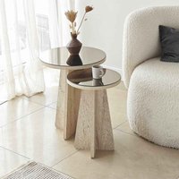 Luna Round Wooden Nest of 2 Side Tables in Travertine Marble Effect