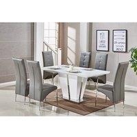 Memphis Large White Gloss Dining Table 6 Vesta Grey Chairs