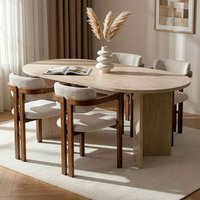 Meridale Travertine Marble Effect Oval Wooden Dining Table with 4 White Chairs