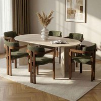 Meridale Travertine Marble Effect Oval Wooden Dining Table with 6 Green Chairs