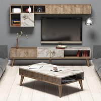 Milan Wooden Entertainment Unit with Coffee Table Set in Walnut and White Marble Effect