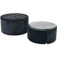 Myrion Clear Tempered Glass Top Coffee Table Set with 4 Fabric Stools in Black