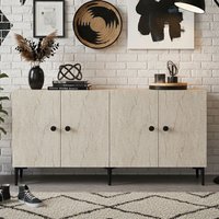 Pella Wooden Sideboard with 4 Doors in White and Travetine Marble Effect