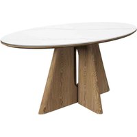 Raevo Oval Ceramic Top Dining Table with Oak Veneer Base in Matte White Marble-Effect