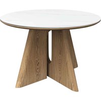 Raevo Round Ceramic Top Dining Table with Oak Veneer Base in Matte White