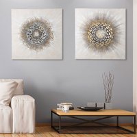 Raxen Canvas Set Of 2 Circle Wall Art in Cream and Silver