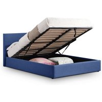 Riyeko Linen Fabric Lift Up Storage Double Bed In Dark Blue