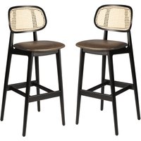 Romney Black Rattan Bar Stools With Brown Leather Seat In Pair