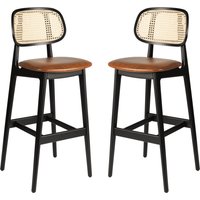 Romney Black Rattan Bar Stools With Tan Leather Seat In Pair