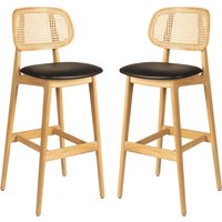 Romney Natural Rattan Bar Stools With Black Leather Seat In Pair