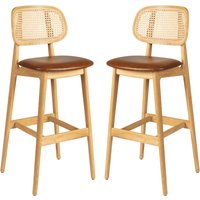 Romney Natural Rattan Bar Stools With Tan Leather Seat In Pair