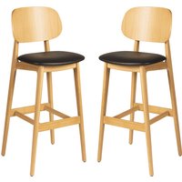 Romney Natural Wooden Bar Stools With Black Leather Seat In Pair