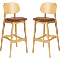 Romney Natural Wooden Bar Stools With Tan Leather Seat In Pair