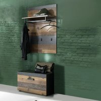 Saige Old Wood Hallway Bench with Wall Rack In Graphite and Grey