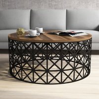 Selin Round Walnut Wooden Coffee Table with Black Metal Base