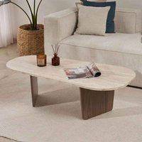 Sento Oval Wooden Coffee Table in Travertine Marble Effect and Walnut