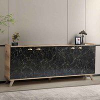 Sumer Wooden Sideboard with 4 Doors in Oak and Black Marble Effect
