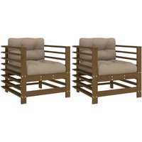 Velaro Garden Honey Brown Solid Pinewood Armchairs with Taupe Cushions in Pair