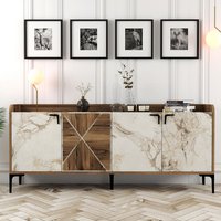 Venedik Wooden Sideboard with 4 Doors in Walnut and White Marble Effect
