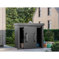 Geräteschrank LEON 1305 S mit den Maßen 135 x 55 cm, einer Höhe von 112 cm und einer Dachlast von 200 kg/m² – ideal als Gartenschrank, Balkonschrank oder Metall-Geräteschuppen. Geräteschrank LEON 1305 S mit den Maßen 135 x 55 cm, einer Höhe von 112 cm und einer Dachlast von 200 kg/m² – ideal als Gartenschrank, Balkonschrank oder Metall-Geräteschuppen.
