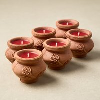6PK Megha D'Light Embossed Mini Clay Pots with Rose Red Beeswax