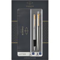 Balpen en vulpen Parker Jotter stainless steel GT medium 2 stuks