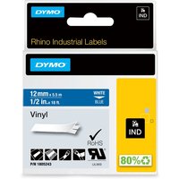 Labeltape Dymo Rhino industrieel vinyl 12mm wit op blauw