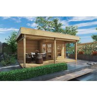 Gartenhaus mit Terrasse & Vordach „Remo 3“ 5x4m | Gartenhaus mit Veranda 4x6m und Panoramafenster mit Sonnendach, mit Terrasse