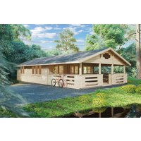 Blockhaus mit zwei Schlafzimmern “Holiday F” 8x13m | Zweizimmer-Blockhaus mit großer Veranda | Maßgeschneidertes Ferienhaus mit Schlafboden, mit Sonnendach, mit Terrasse