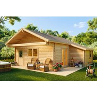 Blockhaus mit Schlafboden “Dallas” 7x7m | 42m² Blockhaus mit zwei Schlafzimmern und Schlafboden | Ferienhaus | Blockhaus aus Holz mit Schlafboden, mit Sonnendach, mit Terrasse