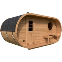 Ovale Fasssauna 5×2.5m | Holz-Sauna kaufen | Saunafass aus Holz mit Vorraum | Fasssauna mit Holzofen oder Elektroofen Ovale Fasssauna 5×2.5m | Holz-Sauna kaufen | Saunafass aus Holz mit Vorraum | Fasssauna mit Holzofen oder Elektroofen