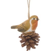 Floralsilk 8cm Wooden Robin on Pinecone Hanger