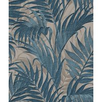 Tropical Palm Leaf Petrol Blue & Beige Wallpaper - 1005 x 53cm