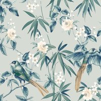 Oriental Floral Birds Grey/Blue Wallpaper - 1005 x 53cm