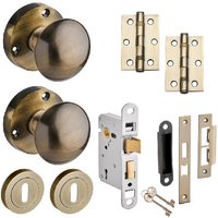 Orion Mortice Lock Door Knob Pack - Antique Brass - 76mm - Knob/3 Lever Sashlock/Hinges - Designer Levers
