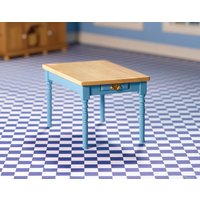 Blue Kitchen Table with Pine Top for 12th Scale Dolls House
