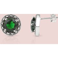 John Greed Signature Silver Marcasite & Emerald CZ Round Stud Earrings