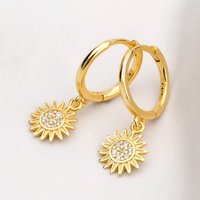 John Greed Signature Gold Plated CZ Sun Charm Huggie Hoop Earrings