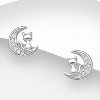 John Greed Signature Silver CZ Cat On Moon Stud Earrings