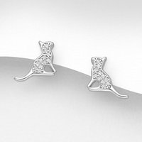 John Greed Signature Silver CZ Sitting Cat Stud Earrings