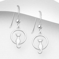 John Greed Signature Silver Sitting Cat Circle Drop Earrings
