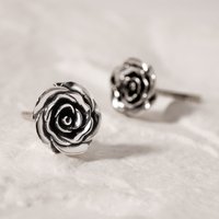 John Greed Signature Silver Oxidised Rose Stud Earrings