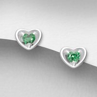 John Greed Signature Silver May Emerald CZ Heart Stud Earrings