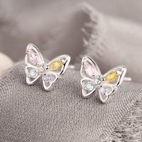 John Greed Tempest Meadow Silver Pink & Yellow CZ Butterfly Stud Earrings
