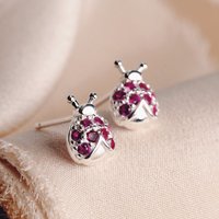 John Greed Tempest Meadow Silver Red CZ Ladybird Stud Earrings