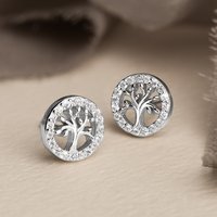 John Greed Tempest Wald Silver CZ Circle Tree Of Life Stud Earrings