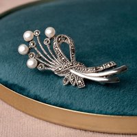John Greed Signature Silver Marcasite & Pearl Ribbon Brooch